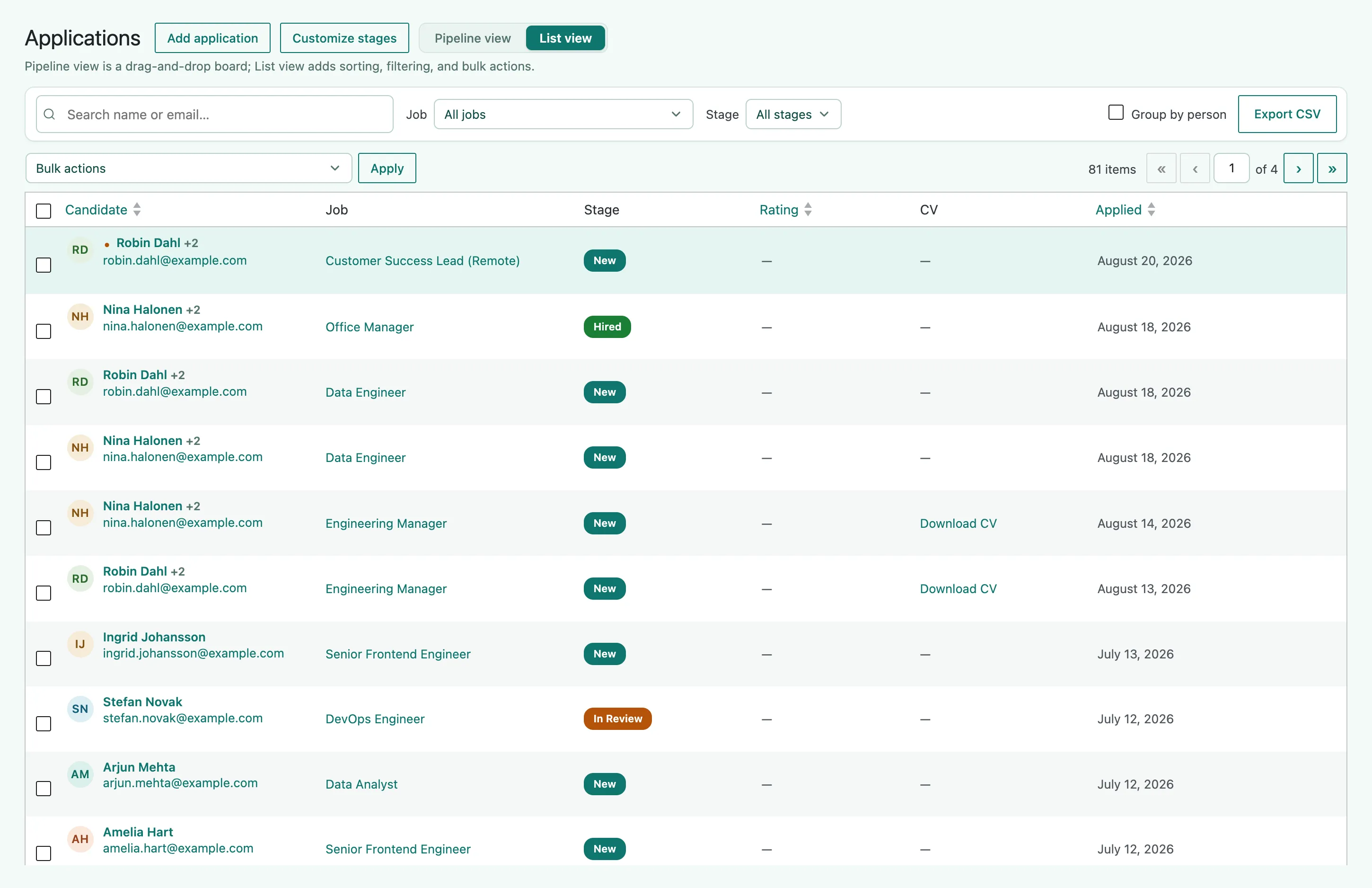The Applications list view as a table with candidate, job, stage, rating, CV, and applied columns, plus filters, a search box, and an Export CSV button