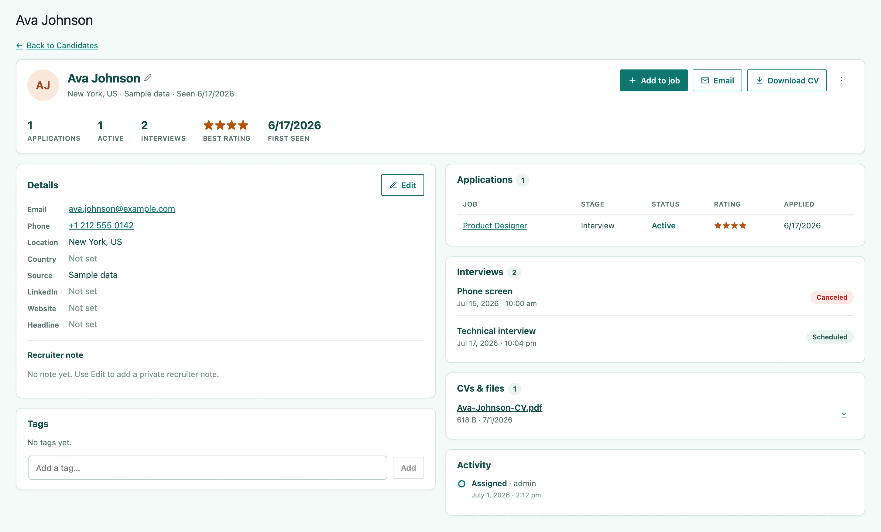 A candidate profile showing counts for applications, active applications, interviews, best rating, and first seen, with details, recruiter note, and tags on the left and applications, interviews, CVs, and activity on the right