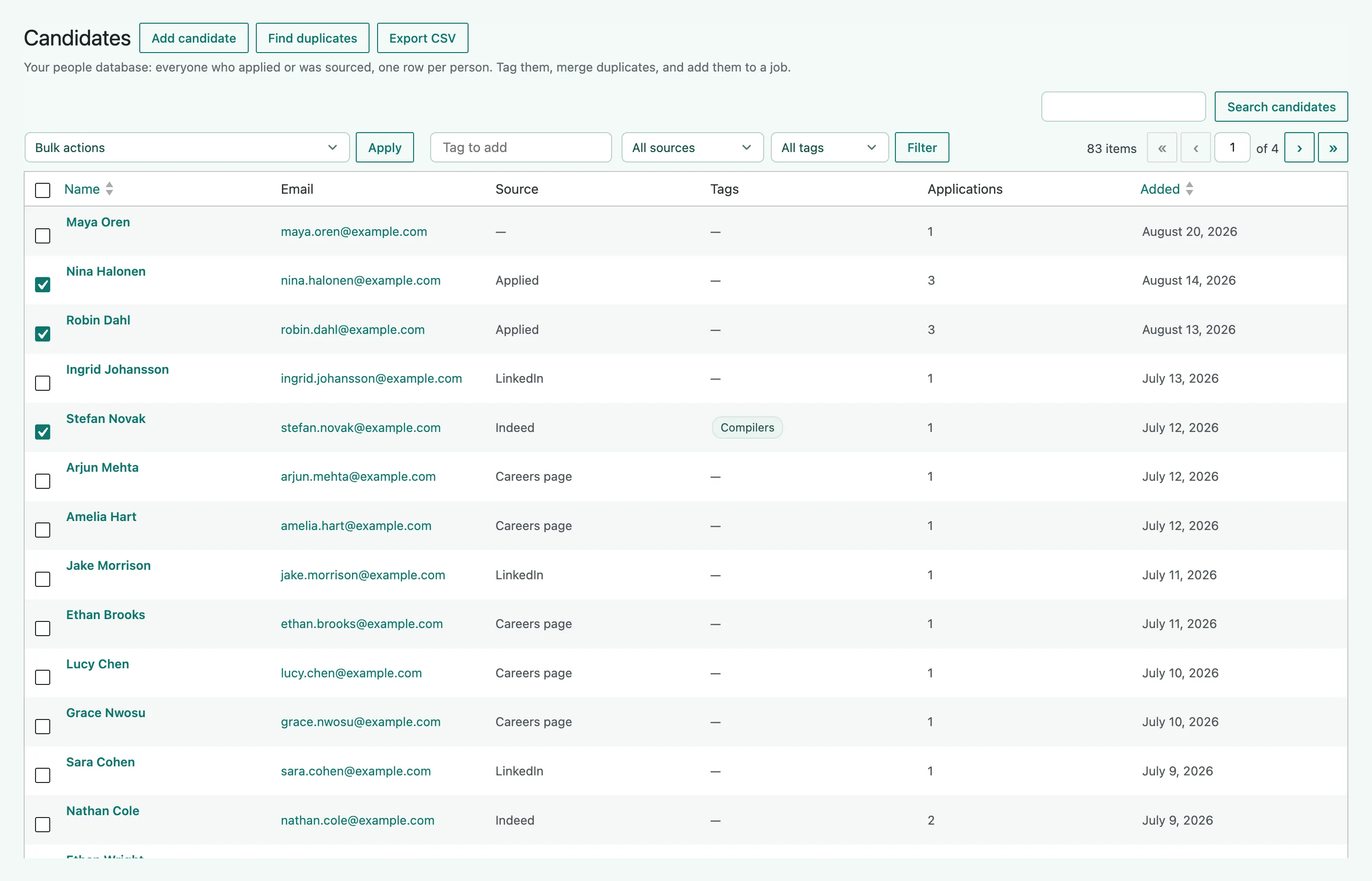The Candidates screen, a table of people with their email, source, tags, application count, and date added, three rows ticked under a Bulk actions menu