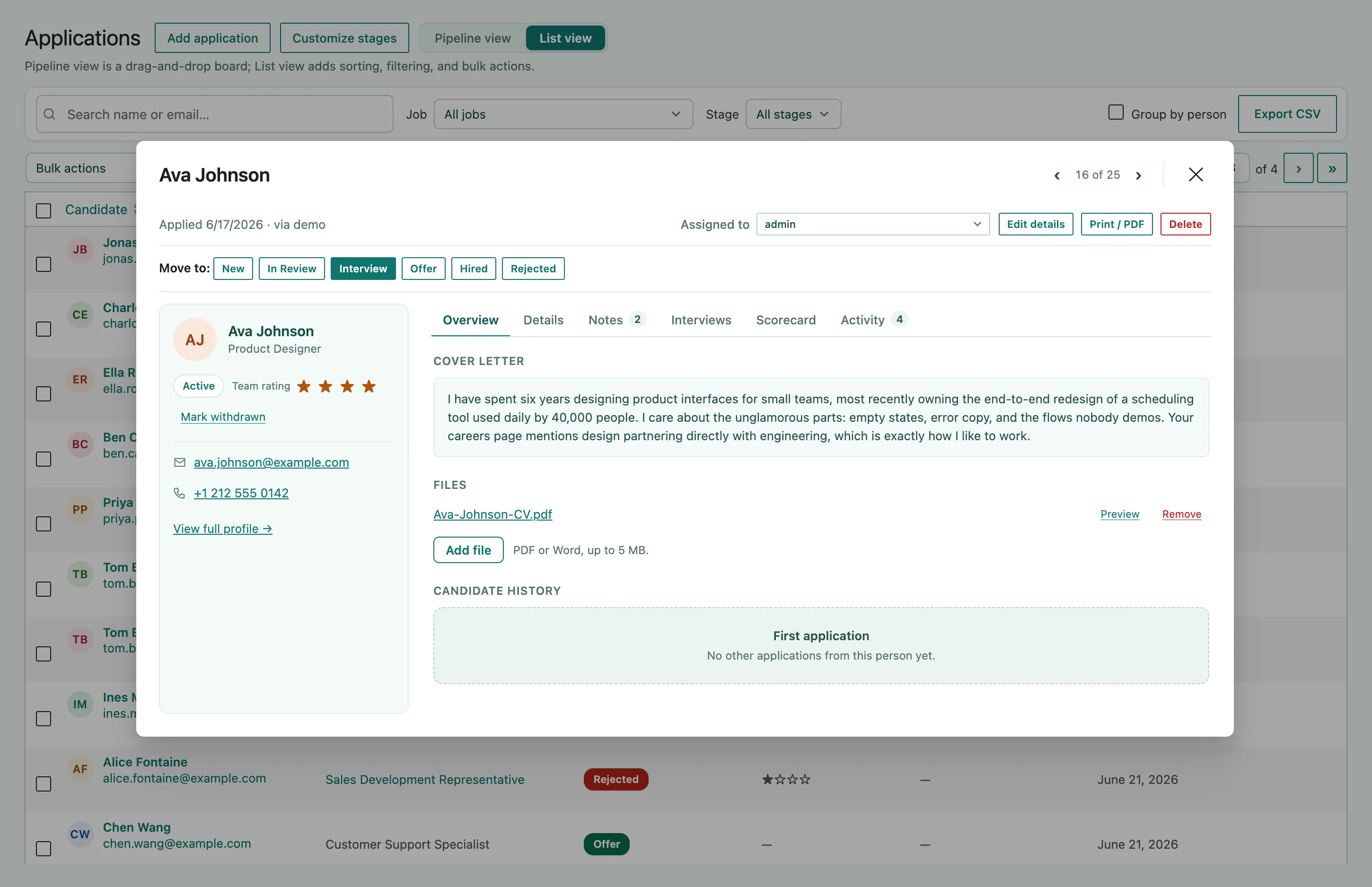 The candidate drawer for one applicant, open on the Overview tab, with the Interviews tab in the tab row beside Notes and Scorecard