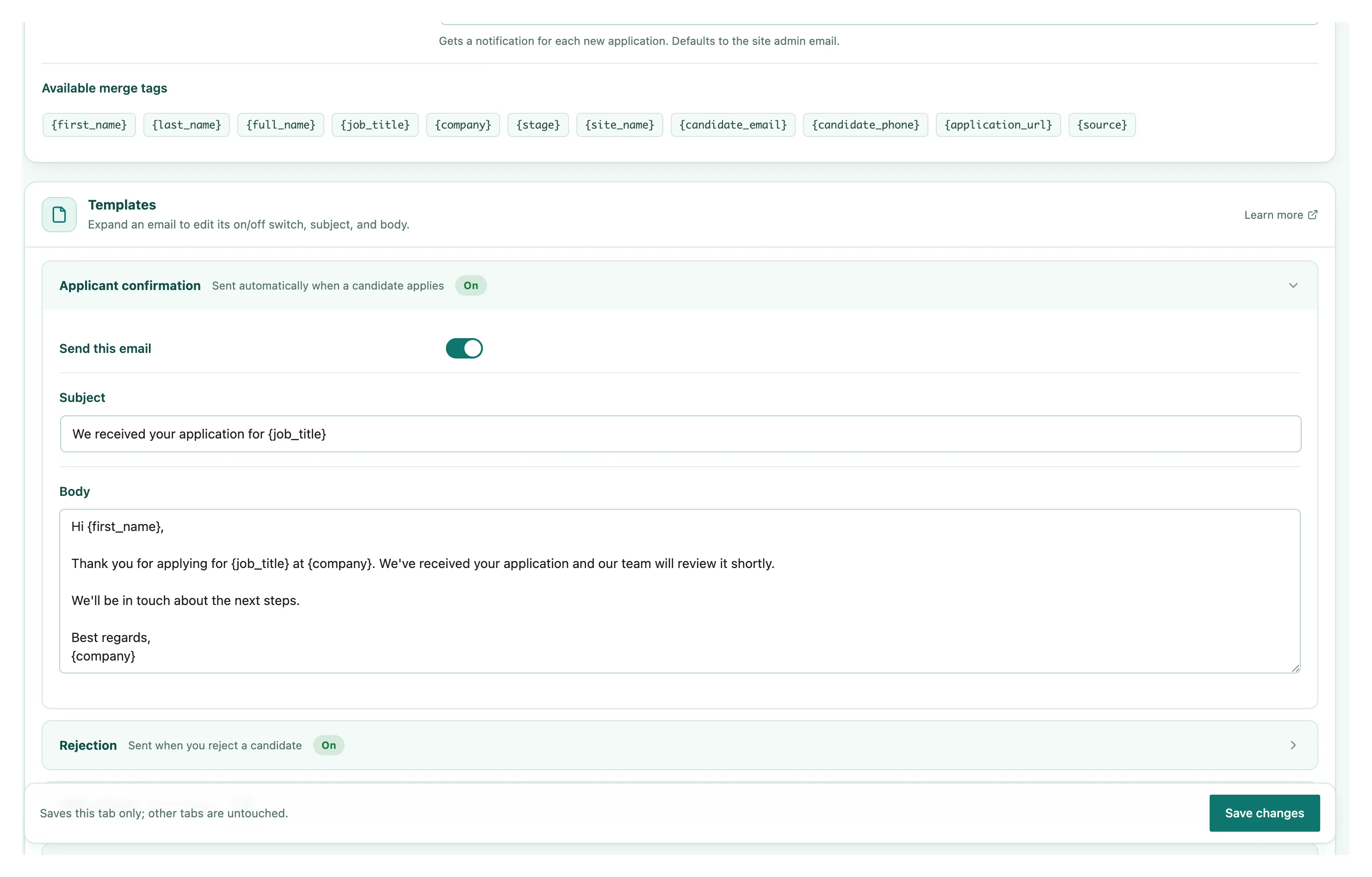 The Emails settings with the Applicant confirmation template expanded, showing its Send this email toggle, a Subject field, and a Body field that use merge tags like job title and first name