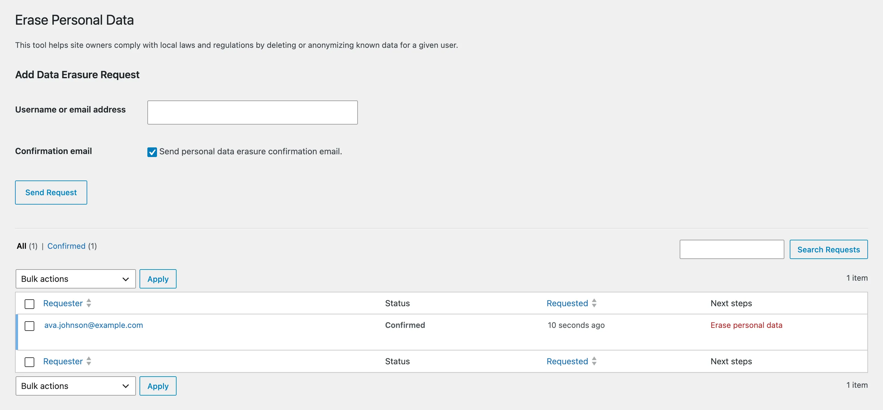 WordPress's Erase Personal Data screen, with the Add Data Erasure Request form on top and one confirmed request below it, showing the requester's email, a Confirmed status, and an Erase personal data link