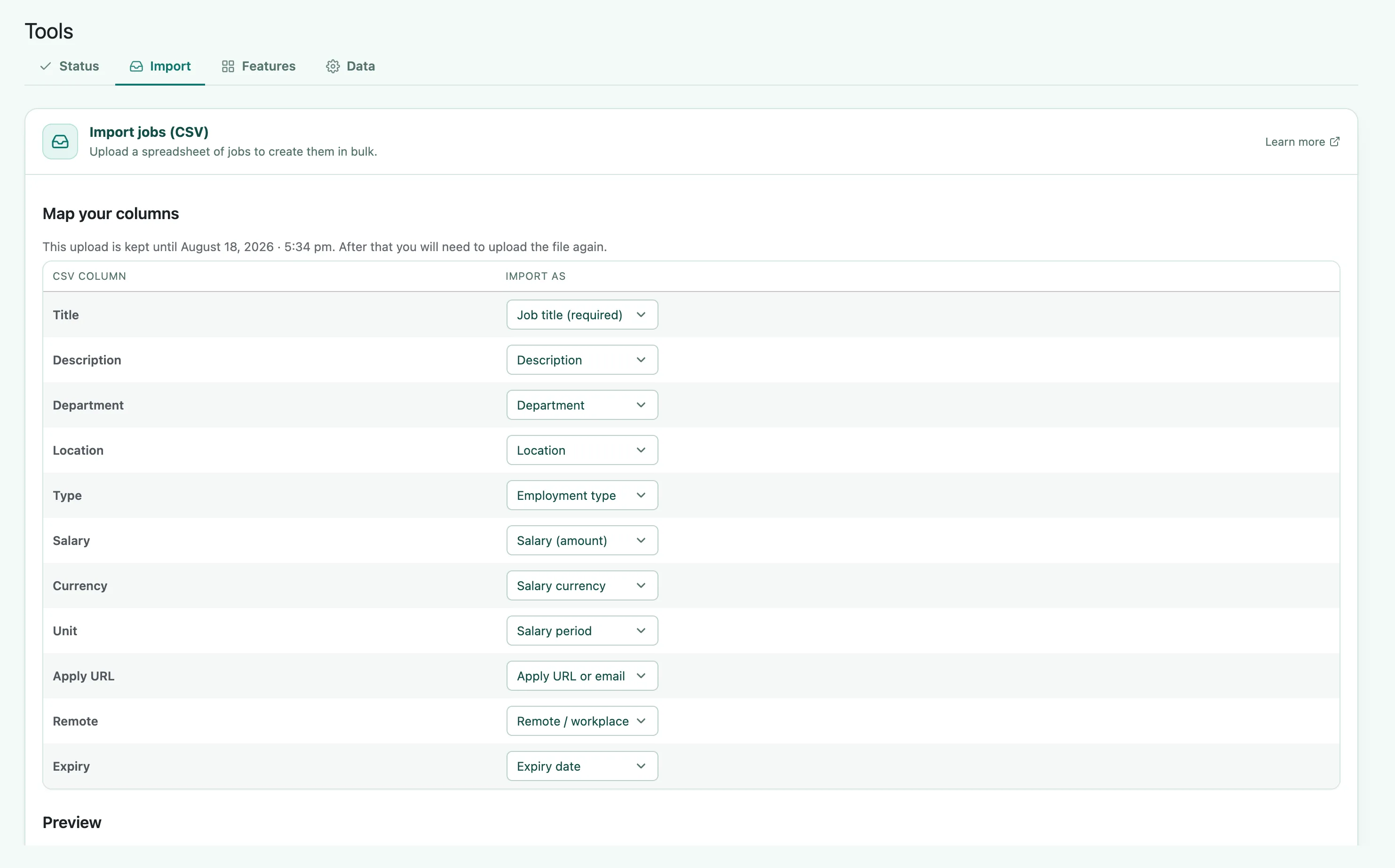 The Map your columns step, listing each CSV column beside an Import as dropdown, with every column of the template file matched automatically, above the start of the preview table