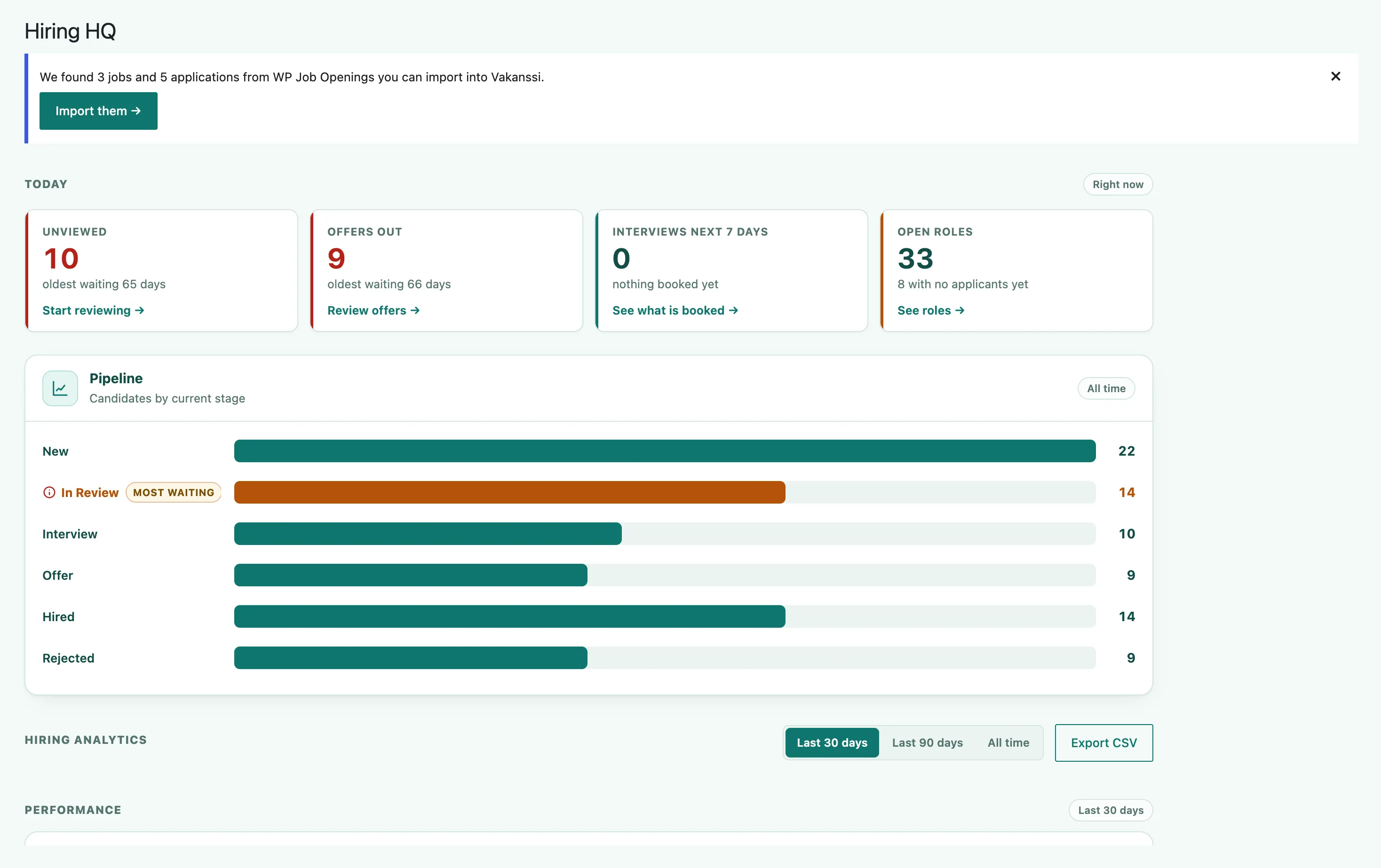 The dismissible import notice at the top of the Hiring HQ screen, reading that Vakanssi found jobs and applications from WP Job Openings you can import into Vakanssi, with an Import them button