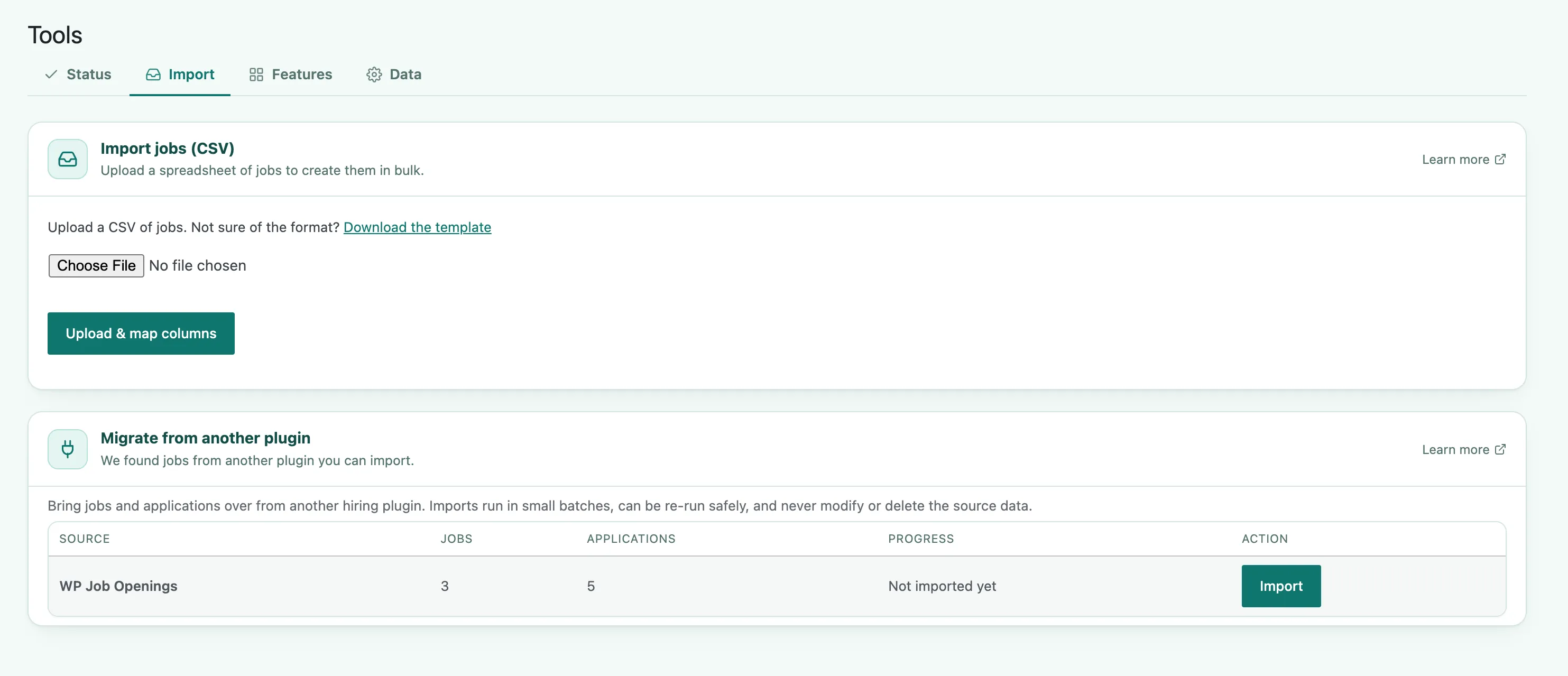 The Import screen, listing each detected source plugin with its job and application counts, a progress column, and an Import button