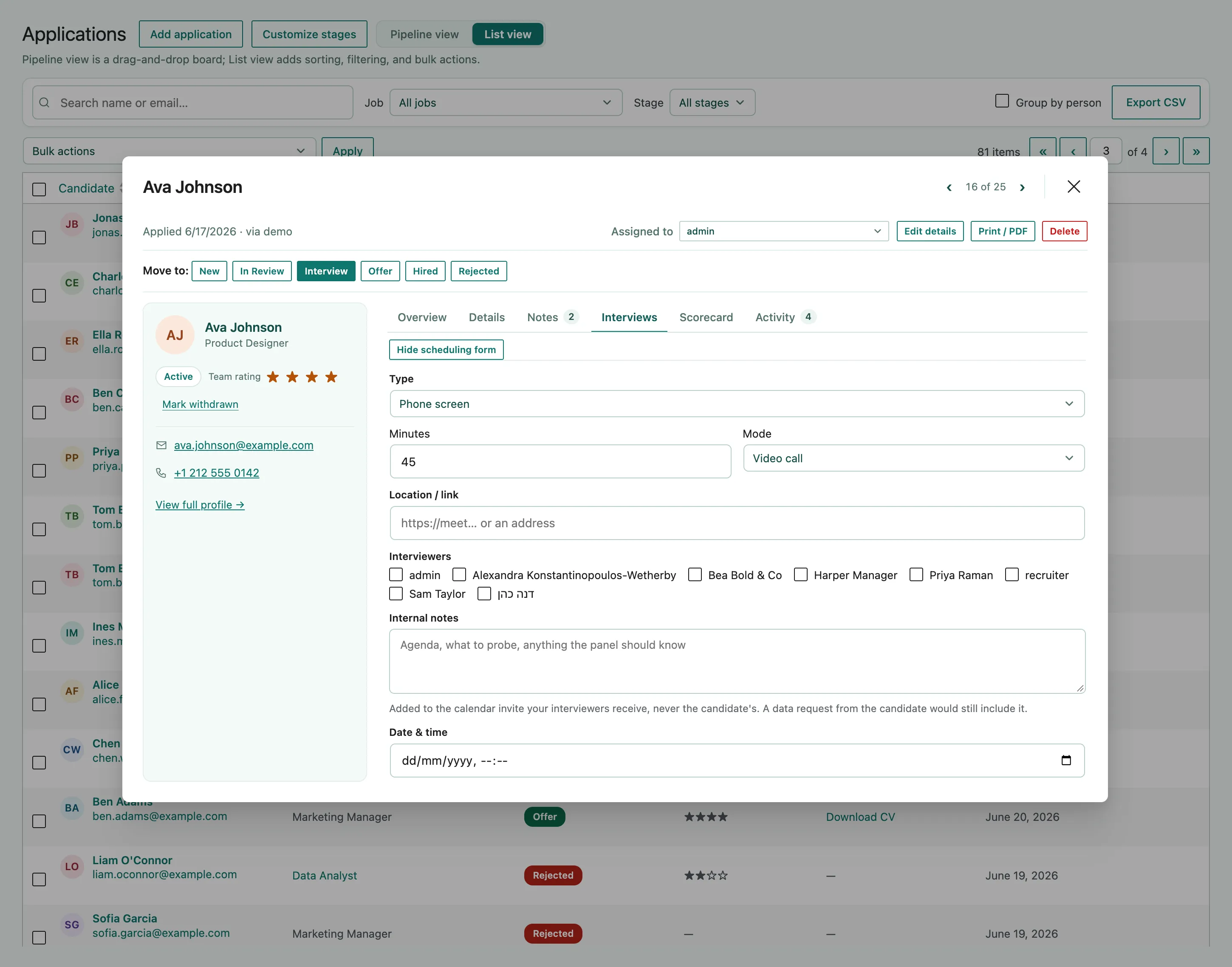 The interview scheduling form inside the candidate drawer, with fields for Type, Minutes, Mode, Location or link, Interviewers, Internal notes, and a Date and time picker
