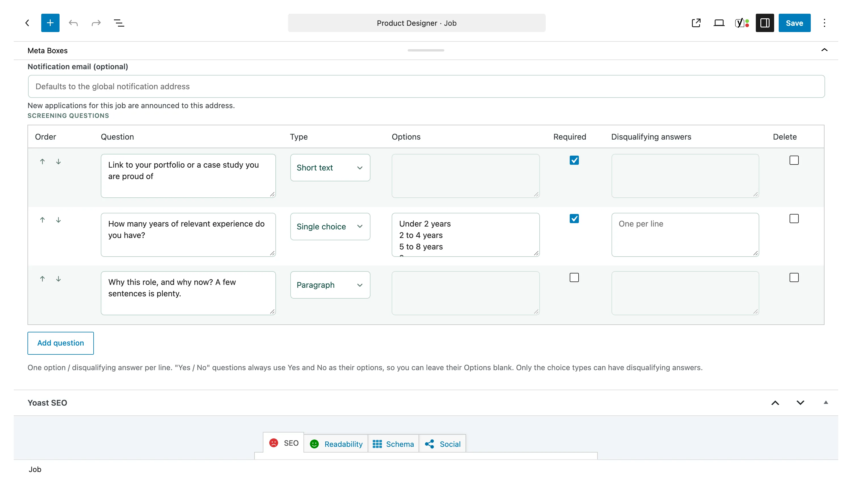 The Screening questions table on a job's Employment & application tab, with columns for Order, Question, Type, Options, Required, Disqualifying answers, and Delete, holding three questions