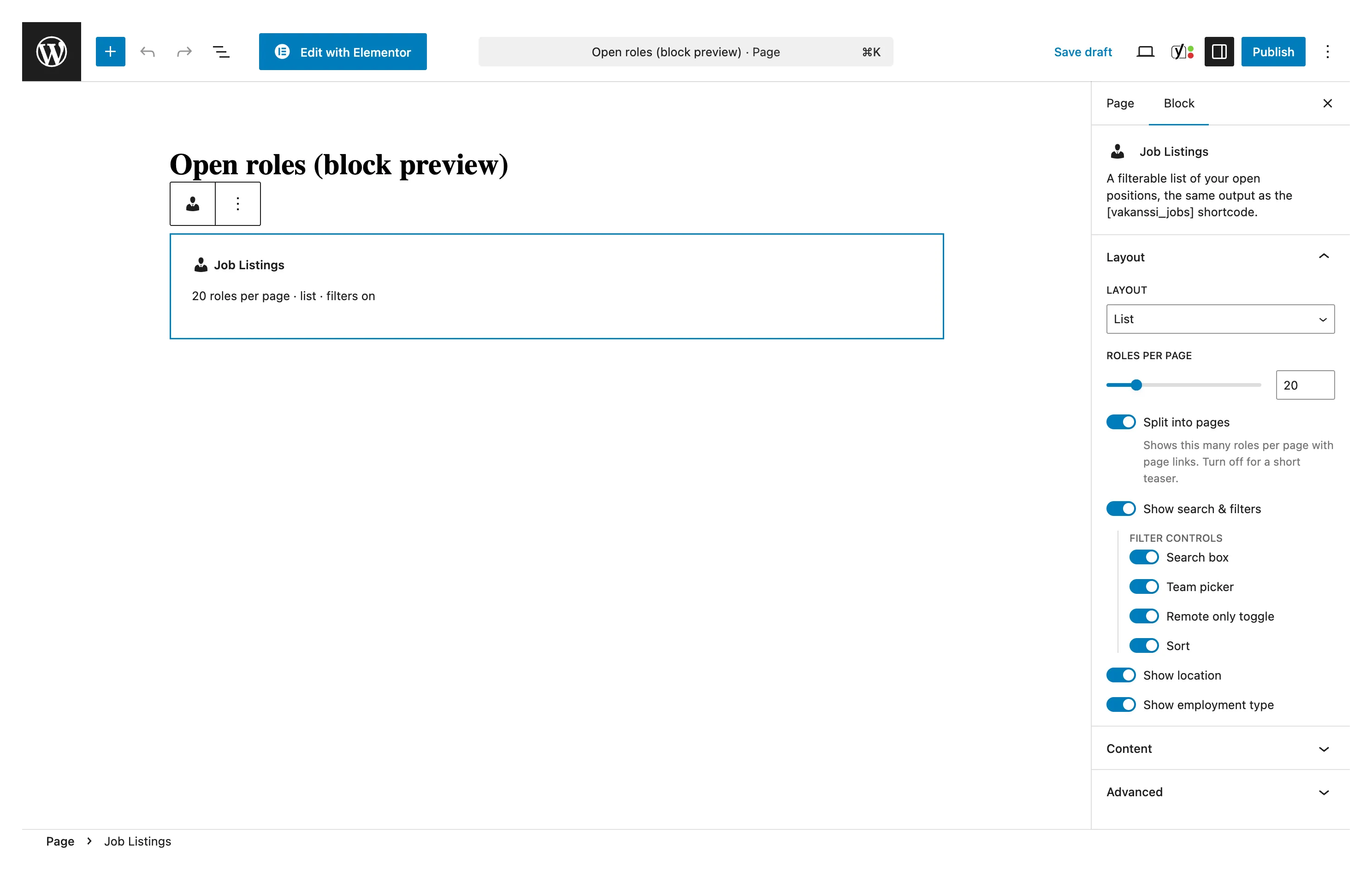The Job Listings block selected in the WordPress block editor, summarising itself as 20 roles per page, list, filters on, beside a settings sidebar with layout, roles per page, and filter-control toggles