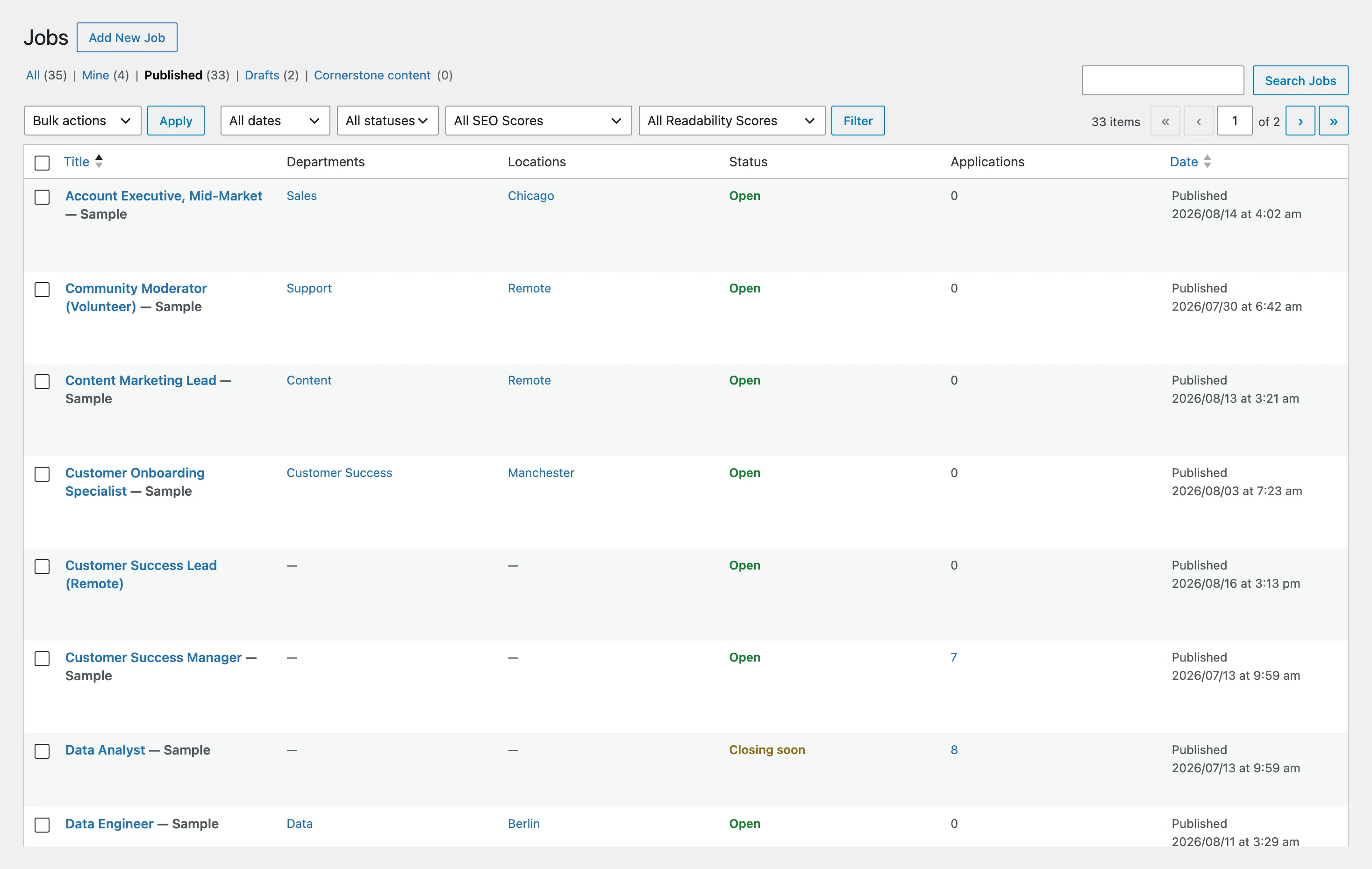 The Jobs list in wp-admin, showing jobs with their departments, locations, status, application counts, and dates