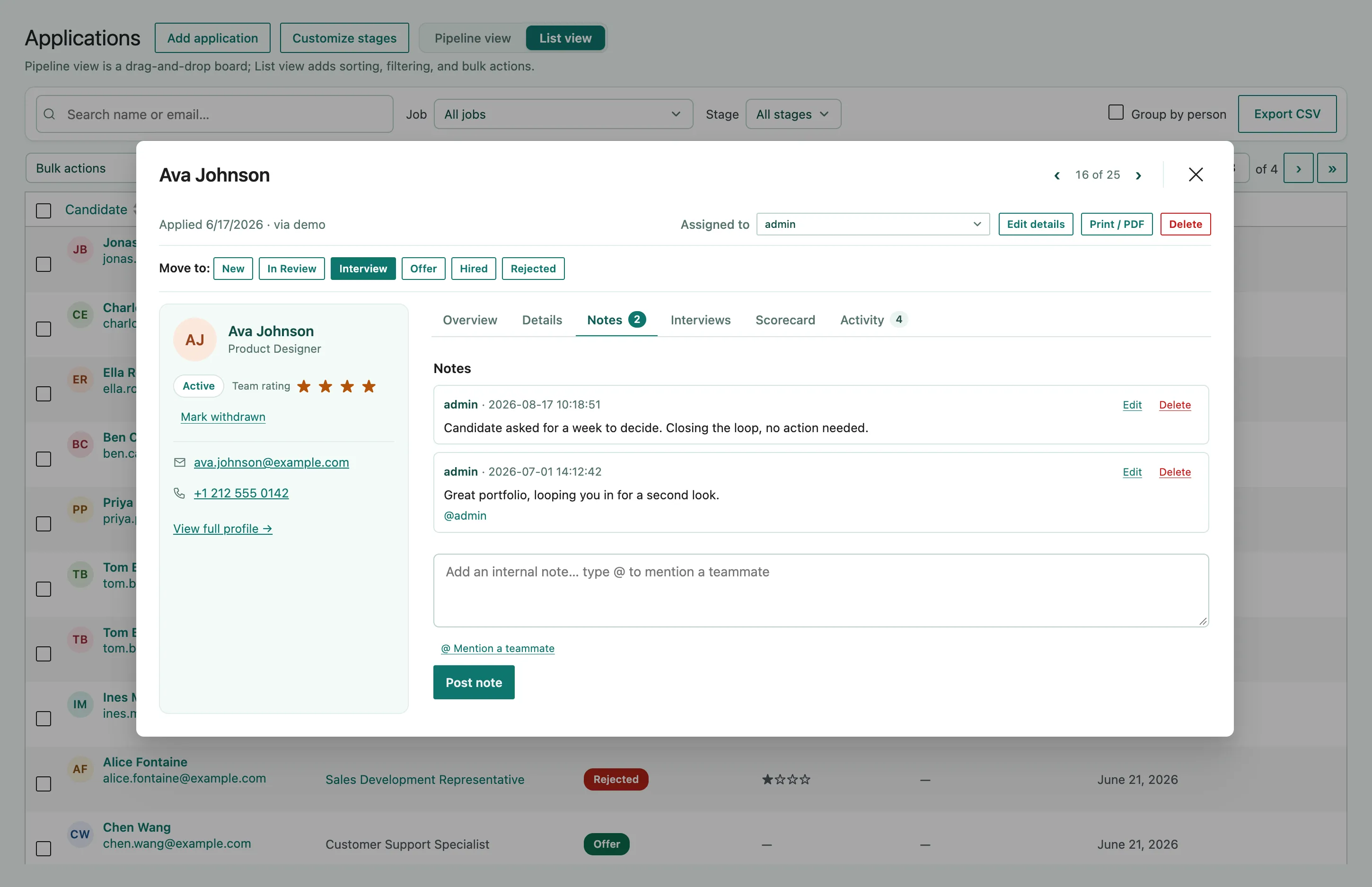 The Notes tab in the candidate drawer, with an Add an internal note text box and a Post note button