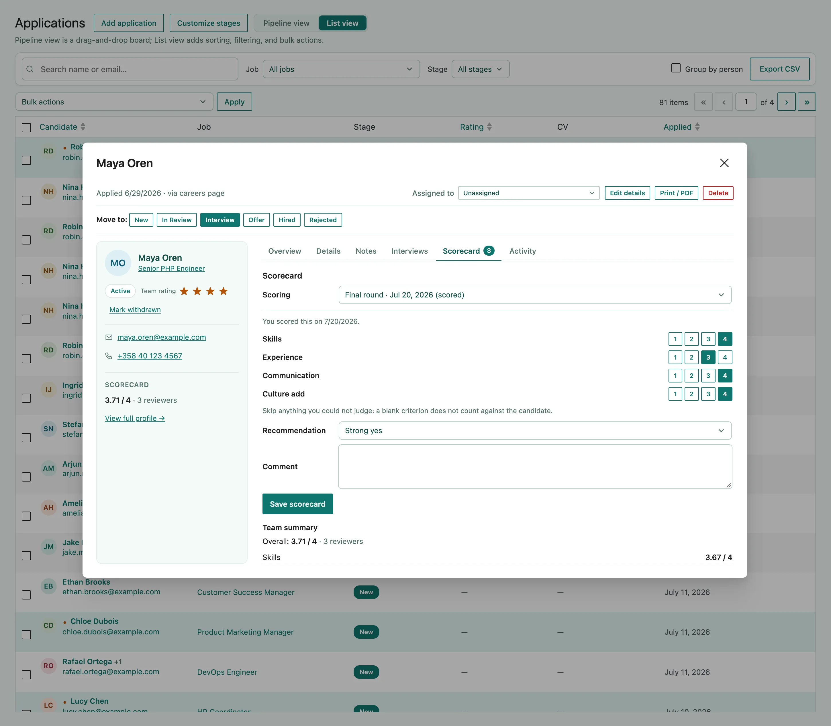The Scorecard tab in the candidate drawer, showing a Scoring menu set to Final round, a line reading You scored this on 7/20/2026, and 1 to 4 rating buttons for Skills, Experience, Communication and Culture add above a Recommendation menu and a Comment box