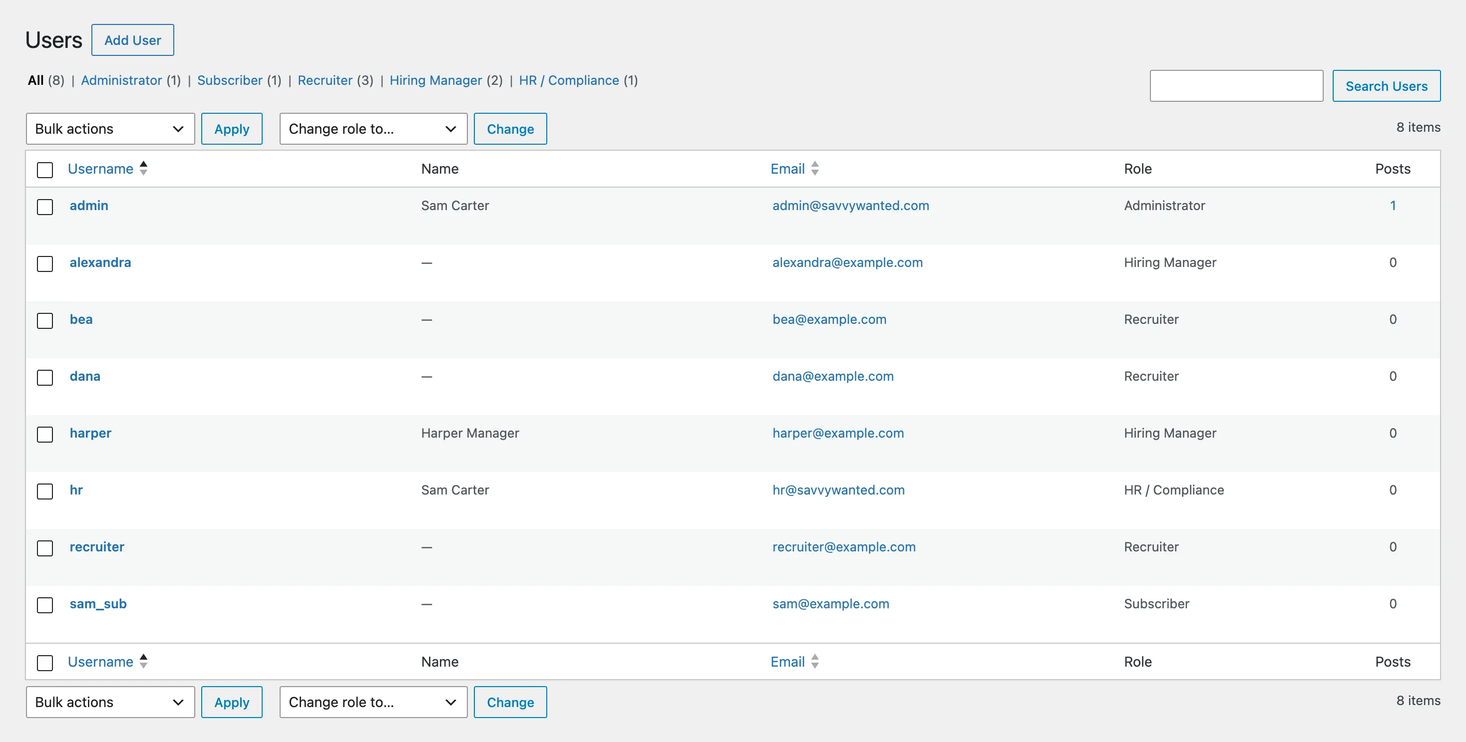 The WordPress Users list with a Role column showing Administrator, Hiring Manager, Recruiter, and HR / Compliance, and links above filtering the list by each role