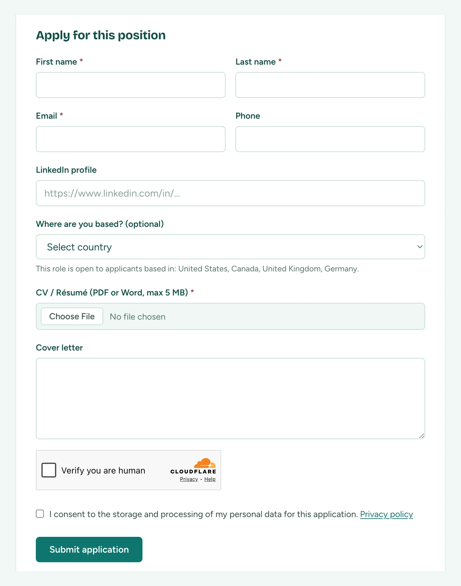The application form on a public job page, with fields for name, email, phone, LinkedIn profile, a Where are you based country picker, CV upload, cover letter, a Cloudflare Turnstile check, and a consent checkbox above a Submit application button