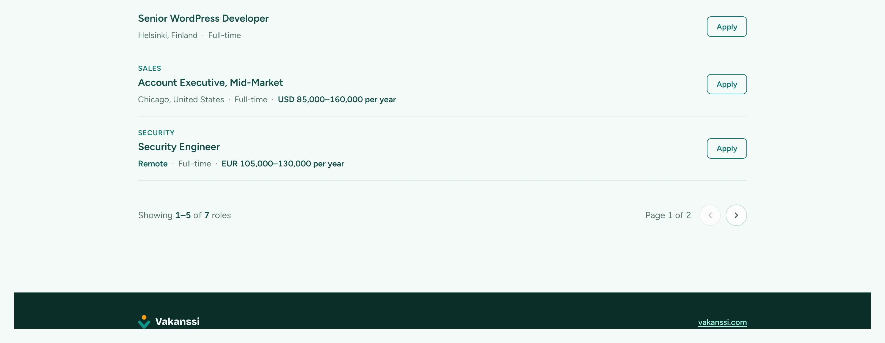 The foot of a careers listing, reading Showing 1 to 5 of 7 roles on the left and Page 1 of 2 on the right, beside round Previous and Next buttons, with Previous dimmed