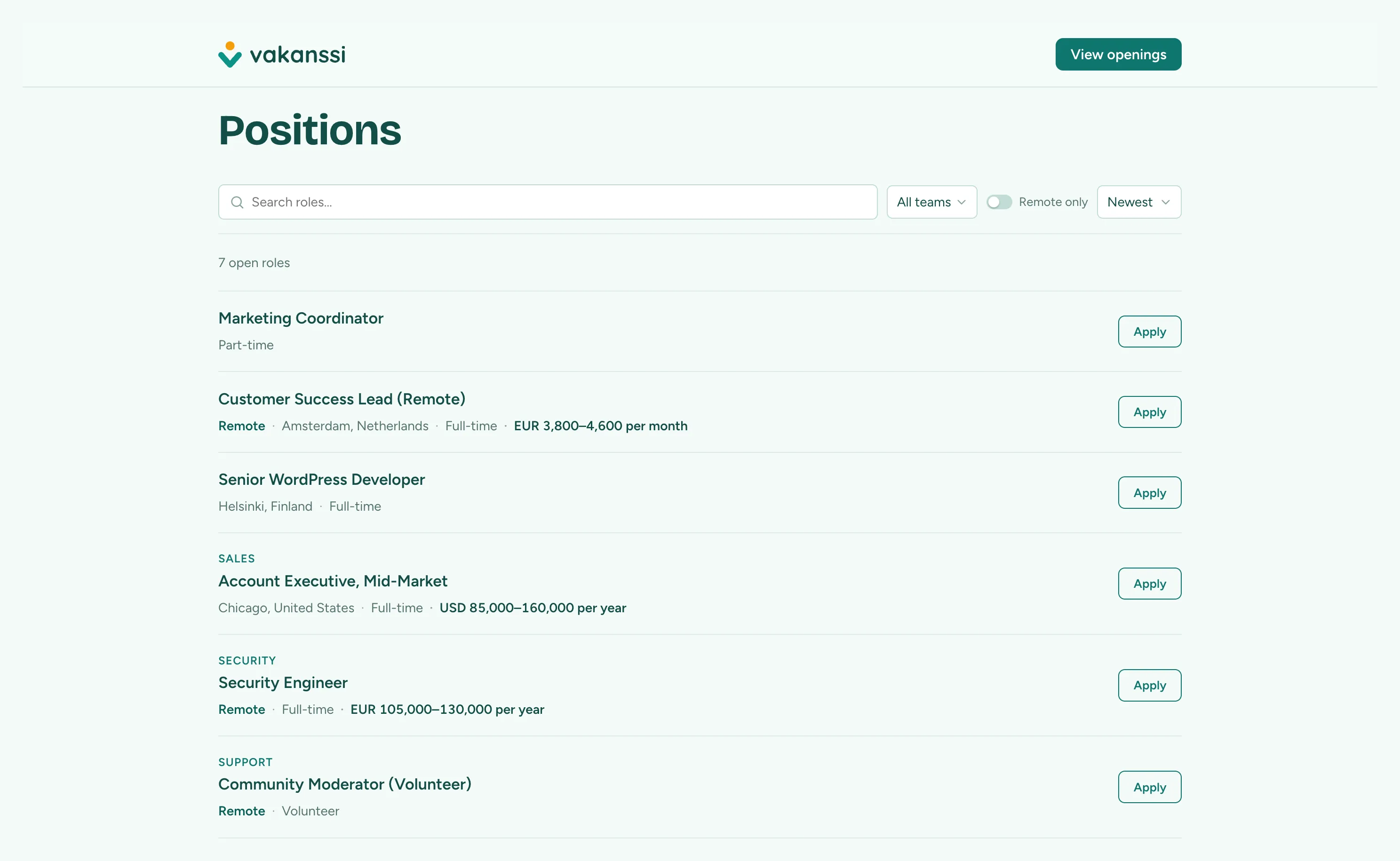 The public careers page listing open roles as rows with their team, location, employment type, and salary, under a search box, team filter, remote-only toggle, and sort control