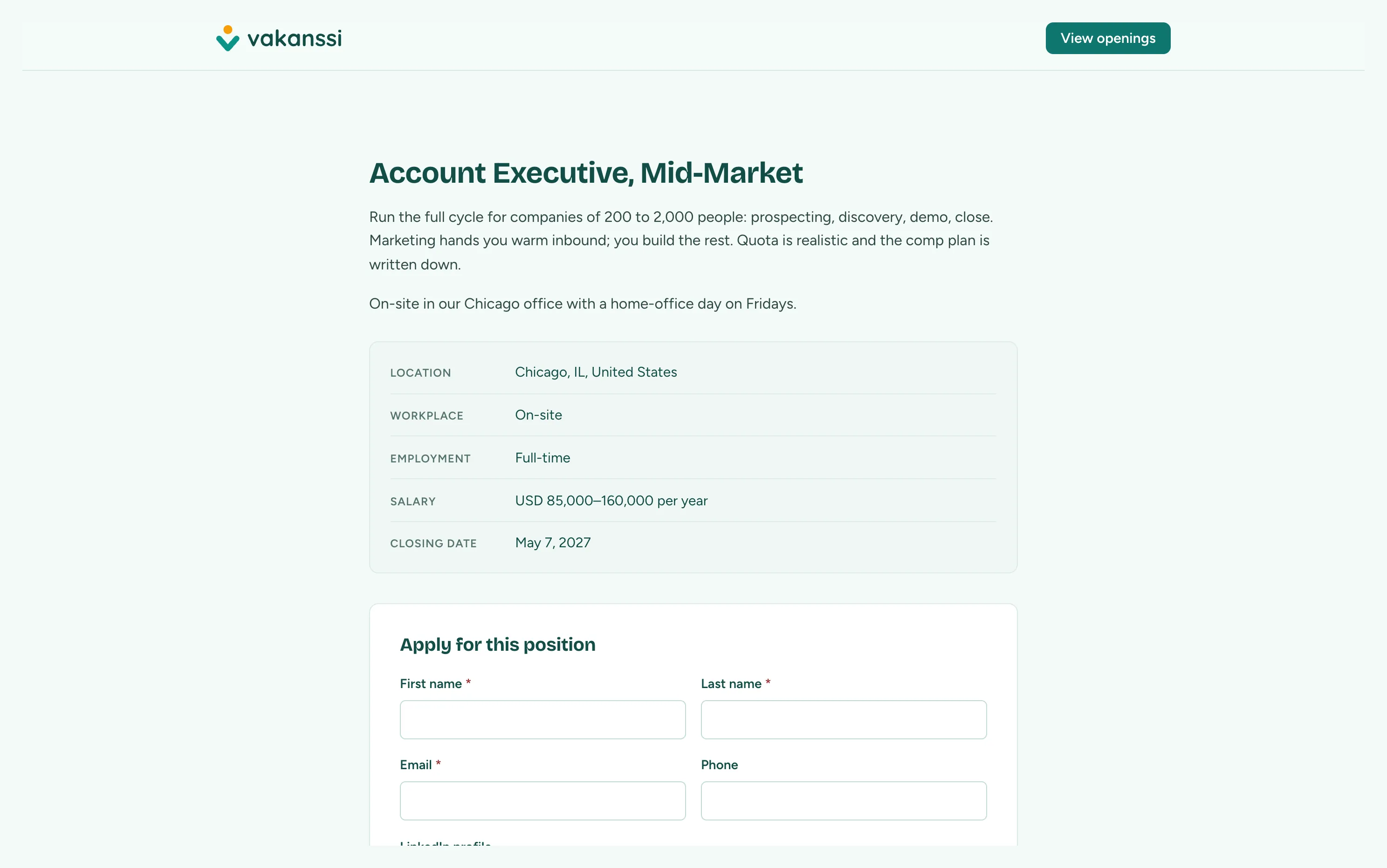 A single job page showing the description, a details panel with location, workplace, employment type, salary, and closing date, and the start of an apply form