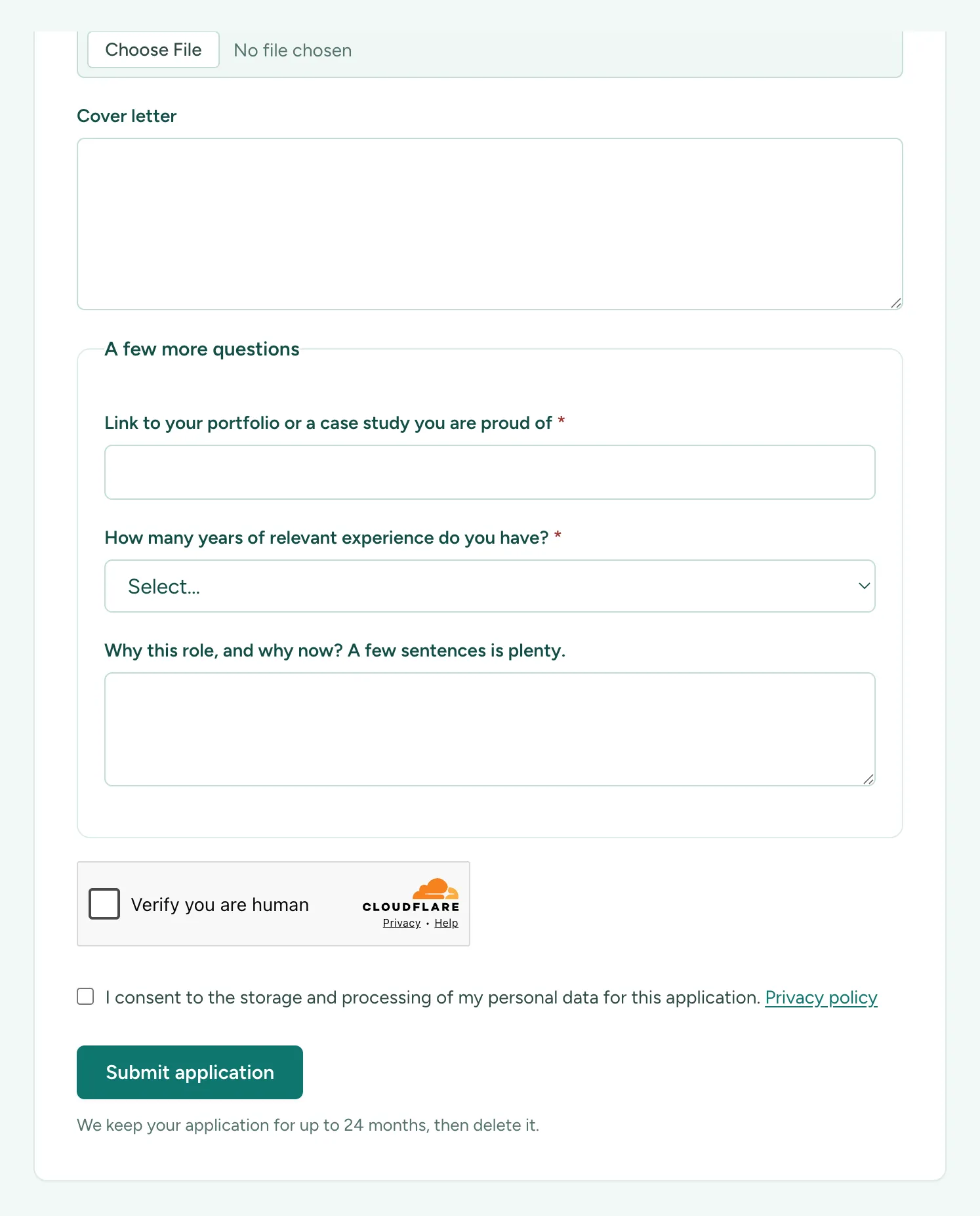 The public application form with a boxed A few more questions section holding a text field, a dropdown, and a paragraph box, between the cover letter and the consent checkbox