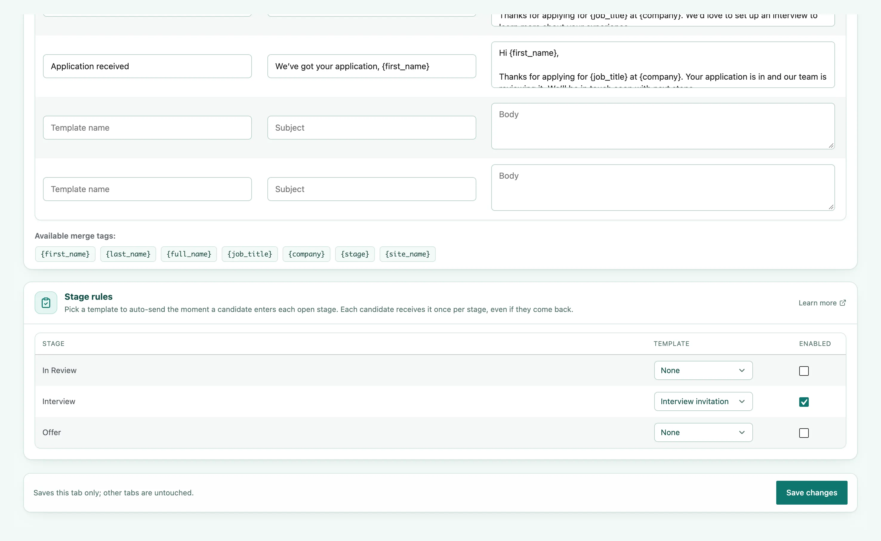 The Automation tab, showing the Custom templates table and the Stage rules table that attaches a template to a pipeline stage