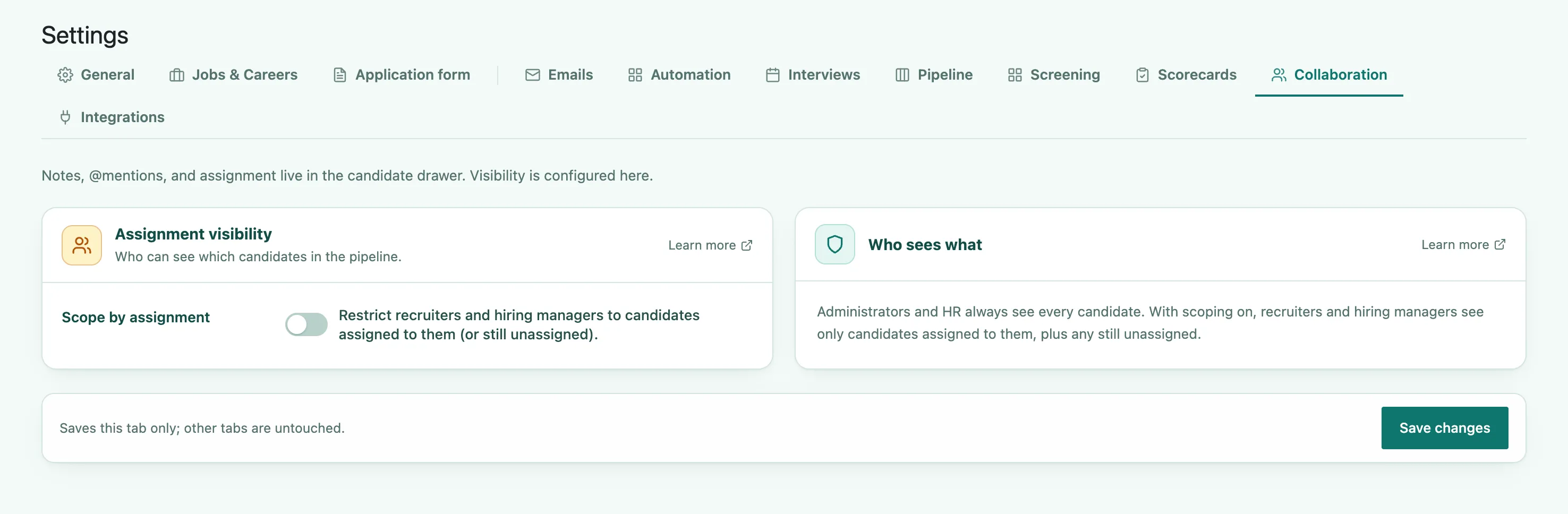 The Collaboration tab, showing the assignment visibility setting