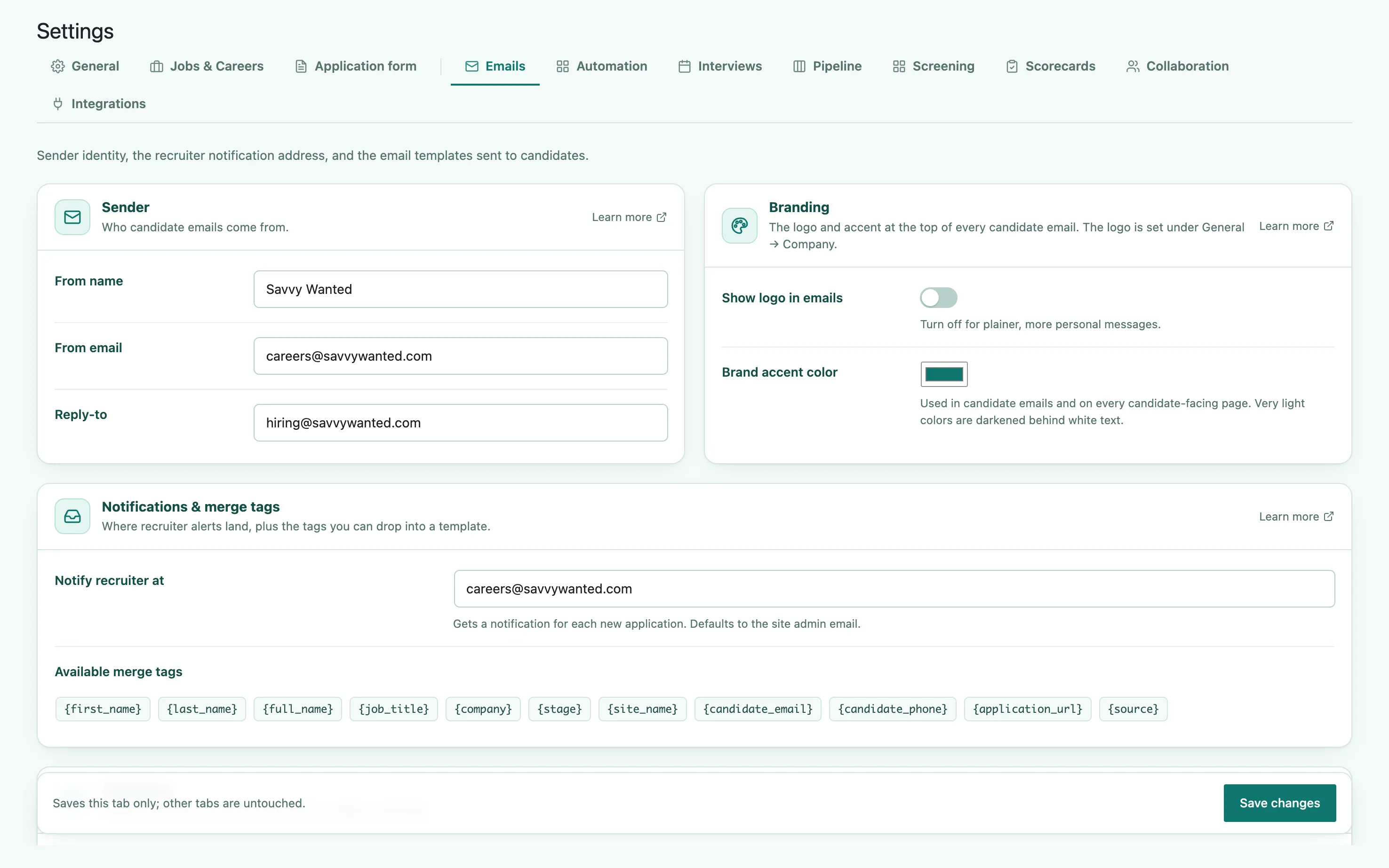 The Emails tab, showing the sender identity fields, the branding options, and the recruiter notification address