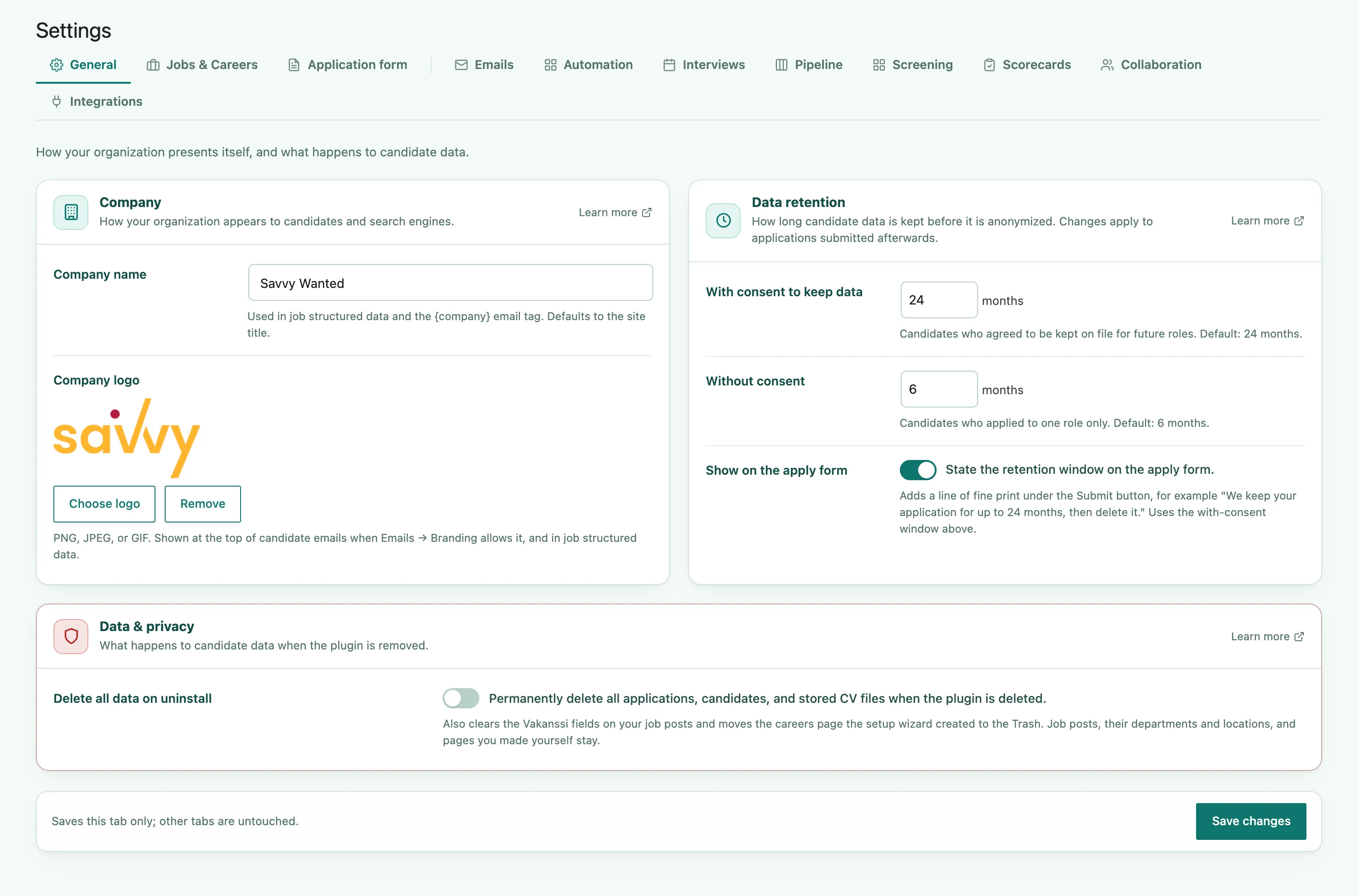 The General tab of the Vakanssi Settings screen, with cards for Company, Data retention, and Data & privacy