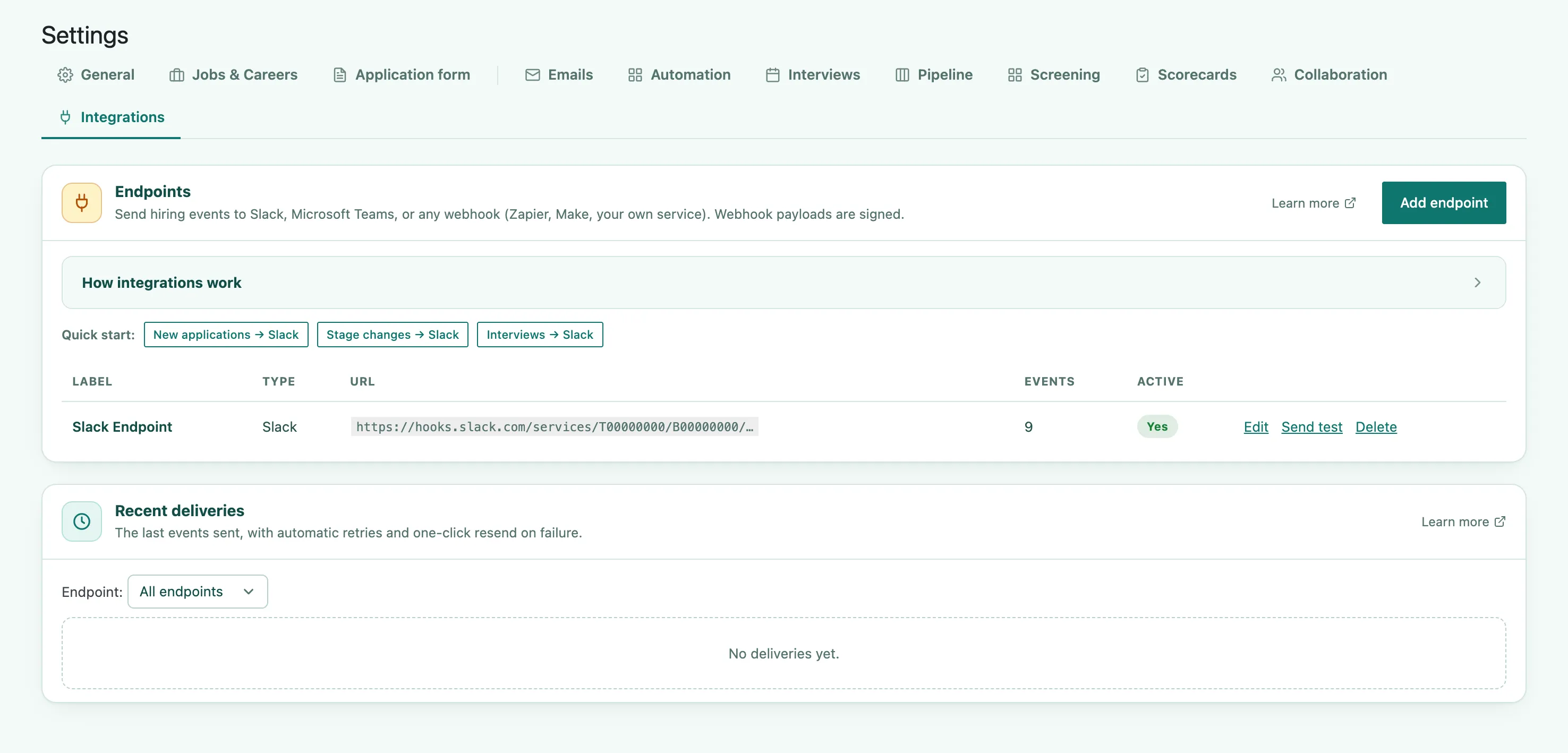 The Integrations tab, showing the endpoints table and the recent deliveries log below it