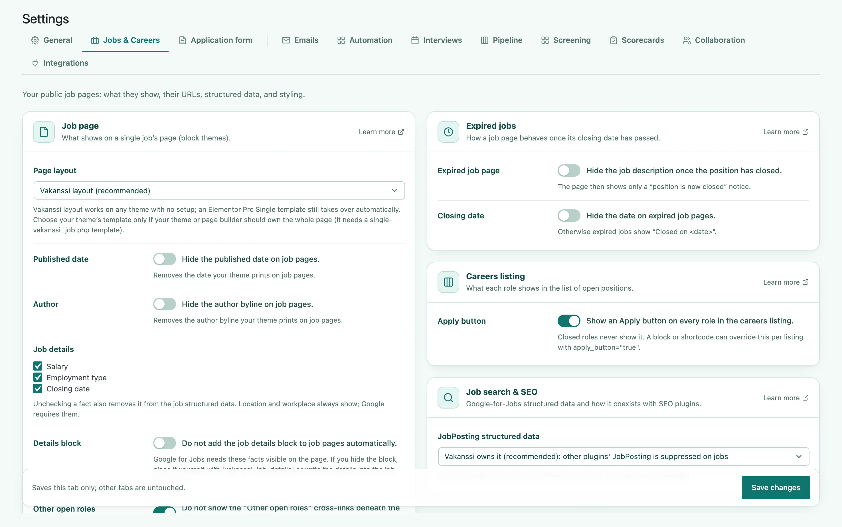 The Jobs & Careers tab, with cards for Job page, Expired jobs, Careers listing, and Job search & SEO