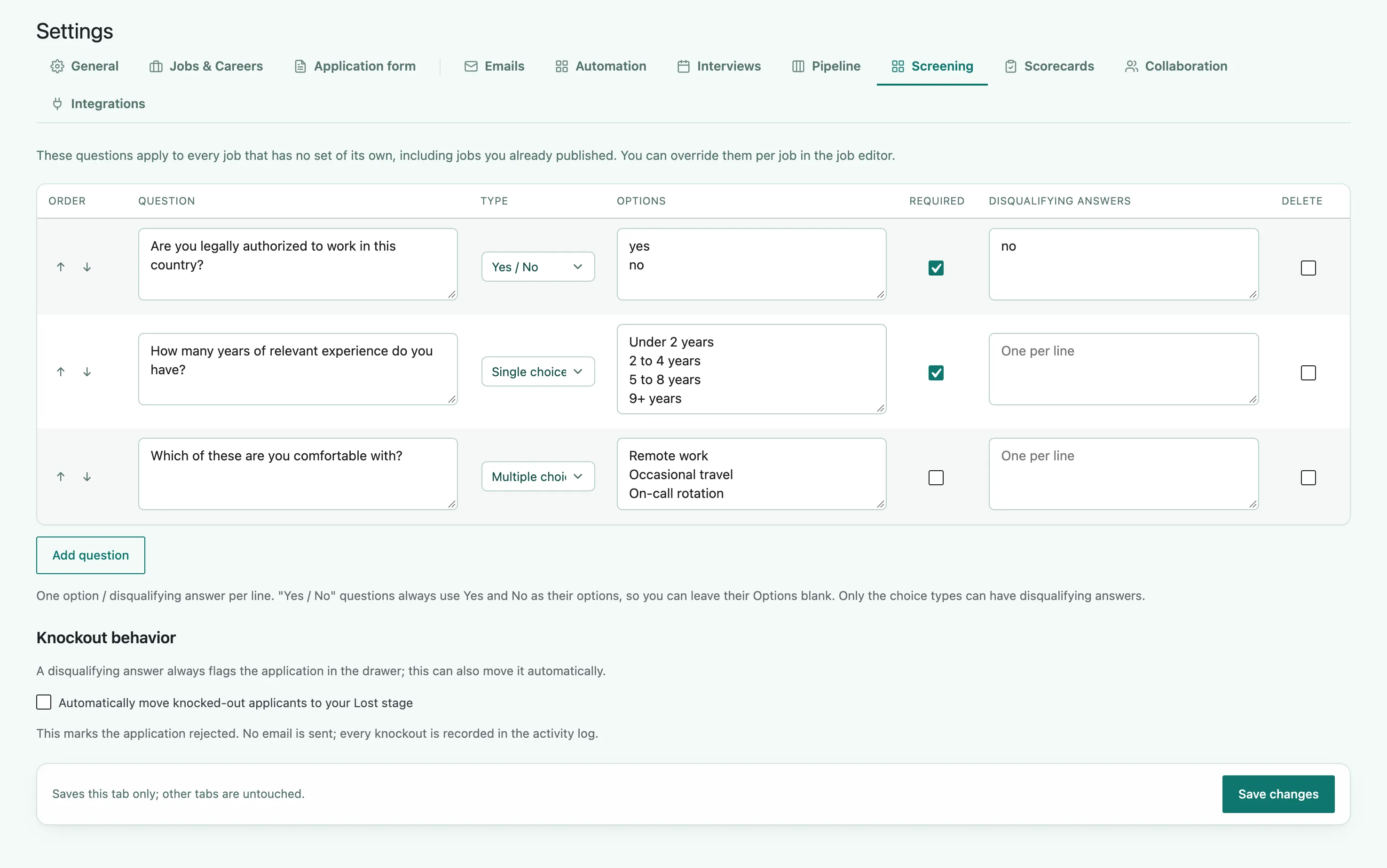 The Screening tab, showing the global default screening-questions editor and the option to auto-move knocked-out applicants to the Lost stage