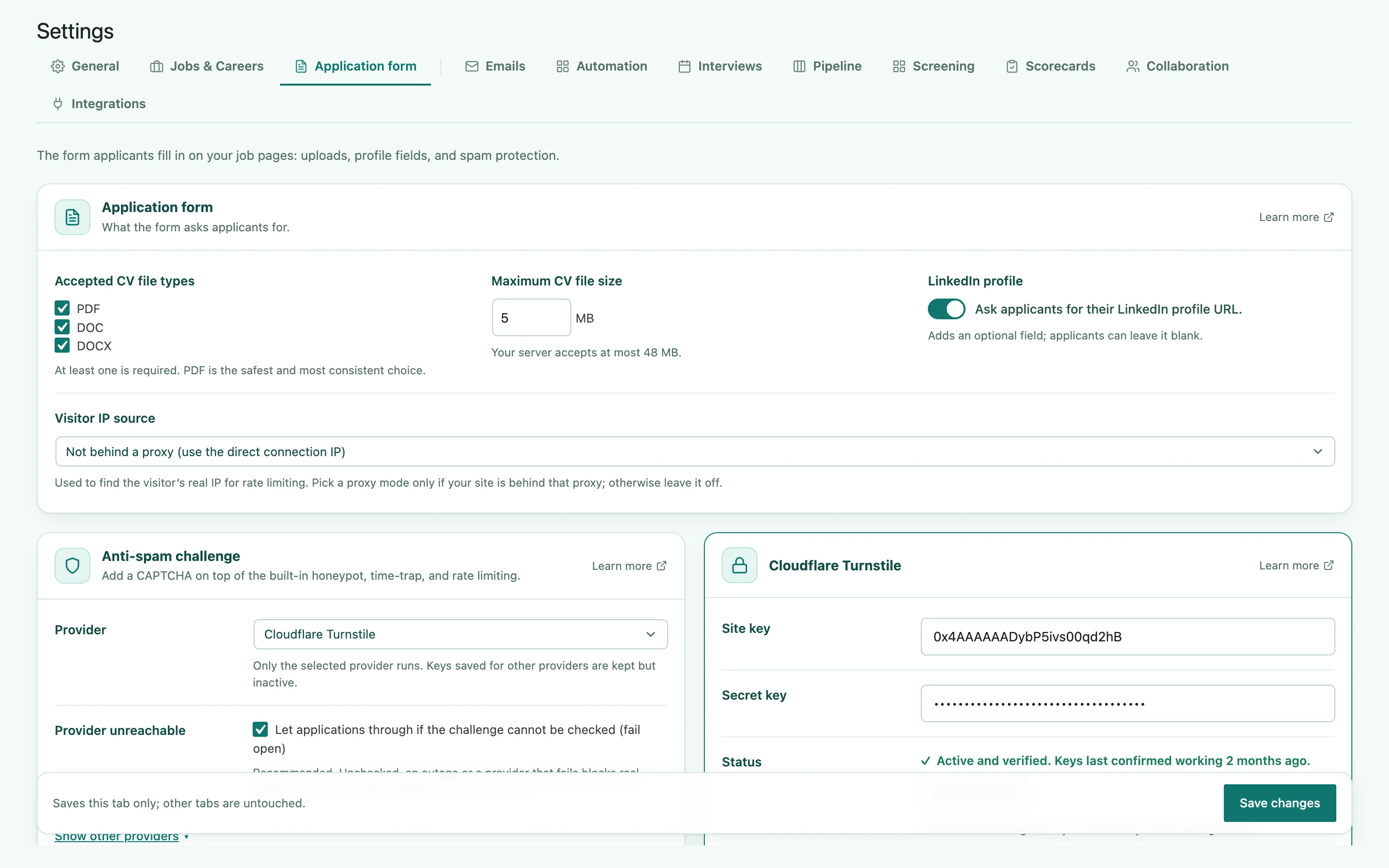 The Application form tab, showing the CV upload and applicant-field settings above the anti-spam challenge provider dropdown and the fail-open checkbox